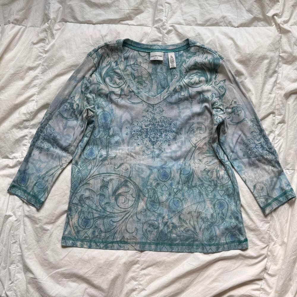 Vintage y2k ice blue whimsical paisley t‎ shirt Covington sz XL rhinestones